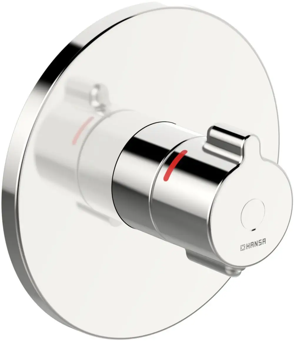 HANSACLINICA Brausebatterie mit runder Rosette in Chrom. Der Wassermengenschalter zeigt eine rot markierte Skala zur Temperaturregelung.